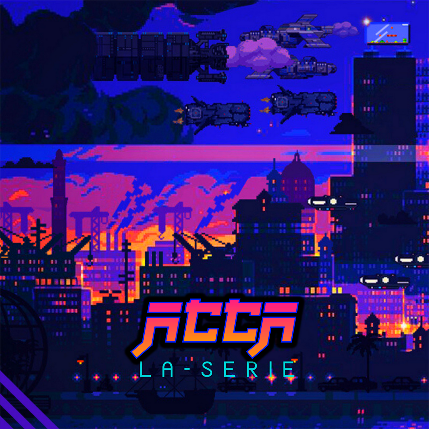 Immagine copertina della seconda puntata della serie ACCA: illustrazione in pixel art, una panoramica di una città italiana futuristica in riva al mare