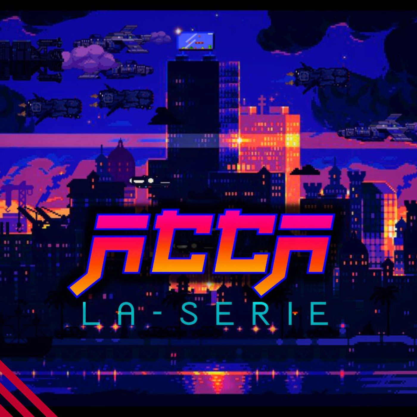 Immagine copertina della serie ACCA: illustrazione in pixel art, una panoramica di una città italiana futuristica in riva al mare